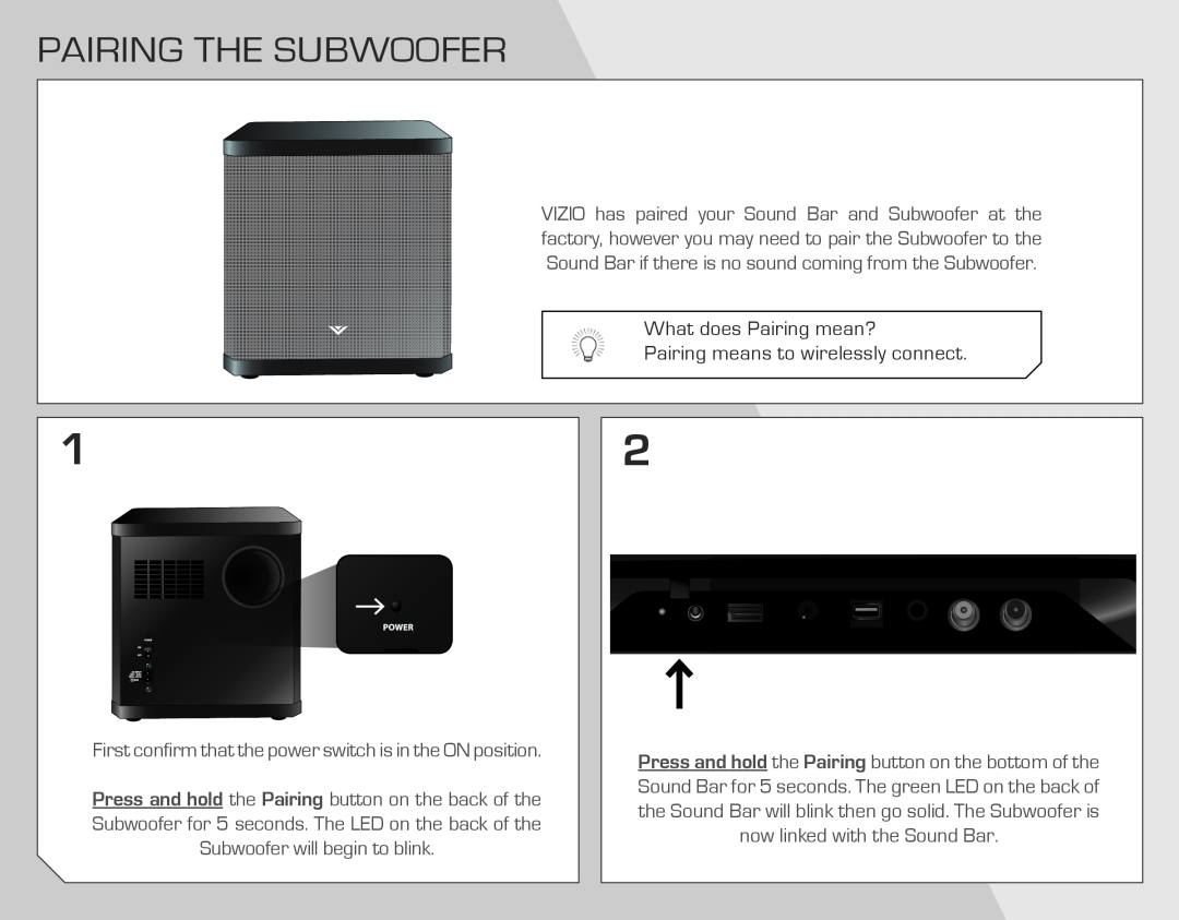 Vizio SB4021E-A0-NA quick start Pairing The Subwoofer, First confirm that the power switch is in the ON position 