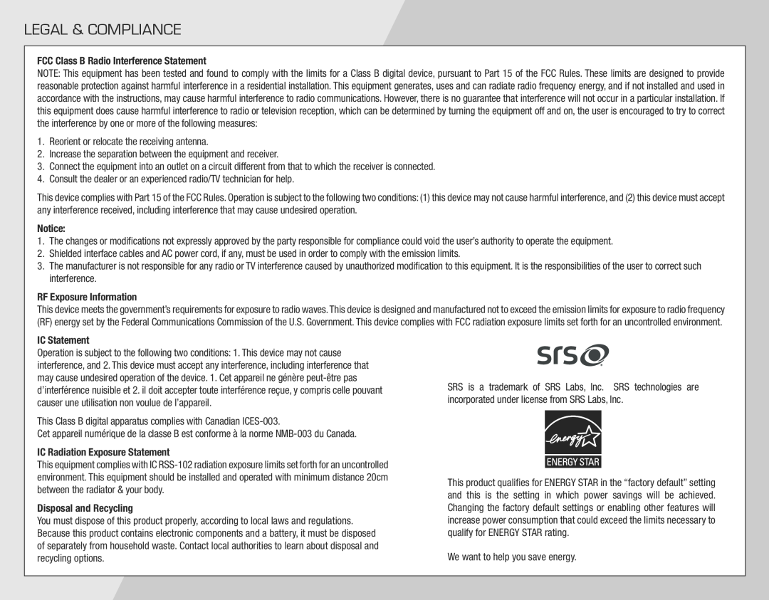 Vizio SB4021E-A0-NA quick start Legal & Compliance 