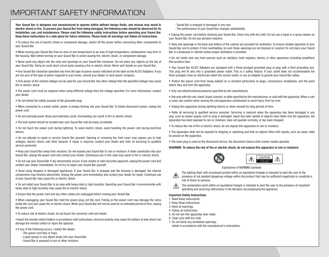 Vizio SB4021E-A0-NA quick start Important Safety Information 