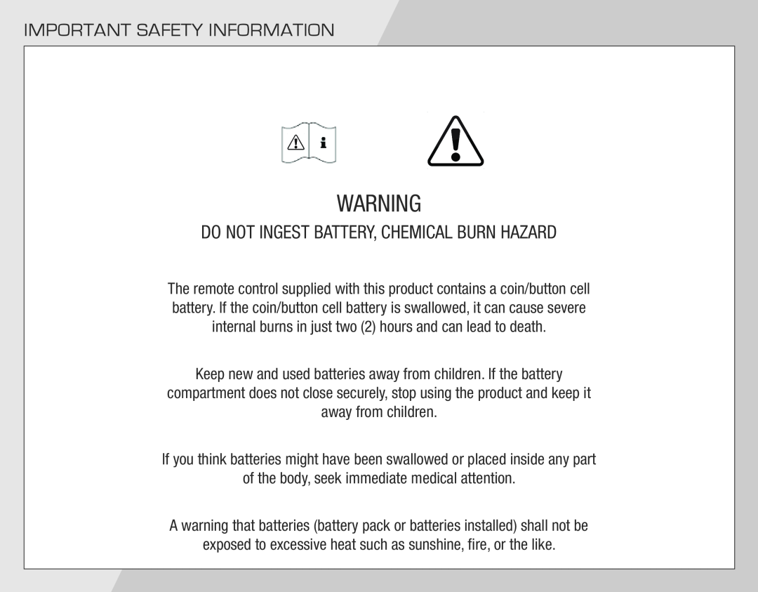 Vizio SB4021E-A0-NA quick start Do Not Ingest Battery, Chemical Burn Hazard, Important Safety Information 