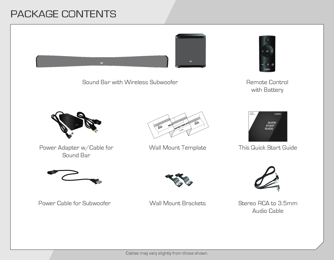 Vizio SB4021E-A0-NA Package Contents, Sound Bar with Wireless Subwoofer, Wall Mount Template, Power Cable for Subwoofer 
