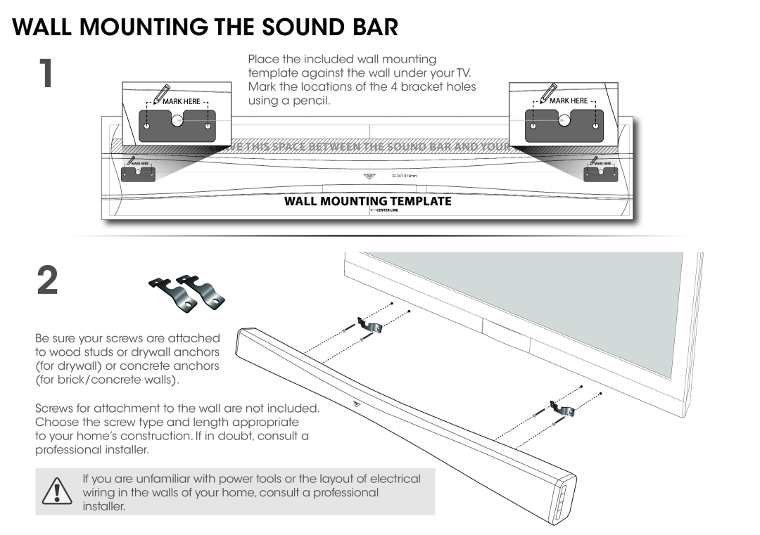 Vizio SB4021EB0 quick start Wall Mounting The Sound Bar, 32.24’’/ 819mm 