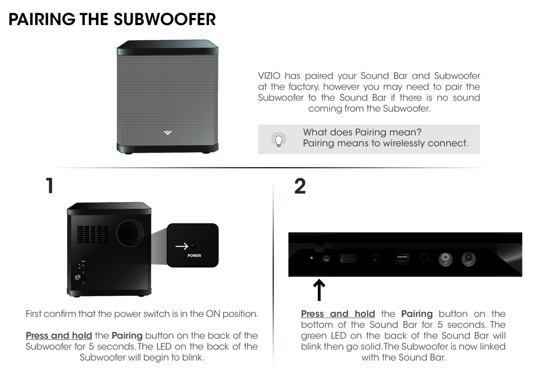 Vizio SB4021EB0 quick start Pairing The Subwoofer, What does Pairing mean?, Pairing means to wirelessly connect 