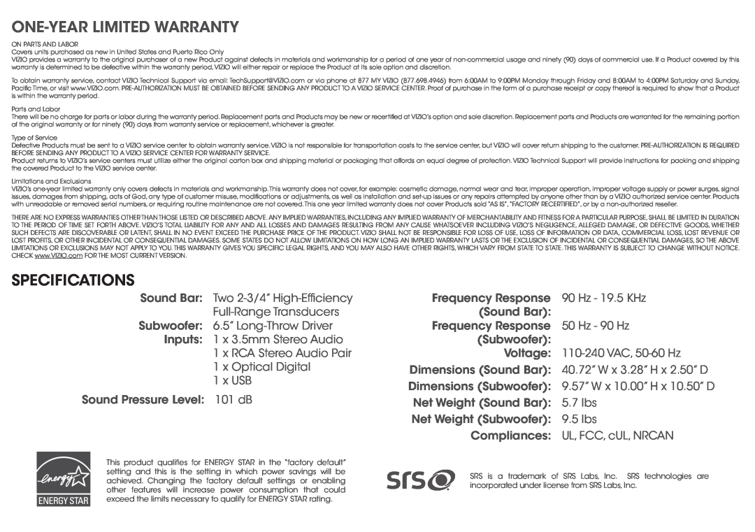 Vizio SB4021EB0 quick start One-Yearlimited Warranty, Specifications 