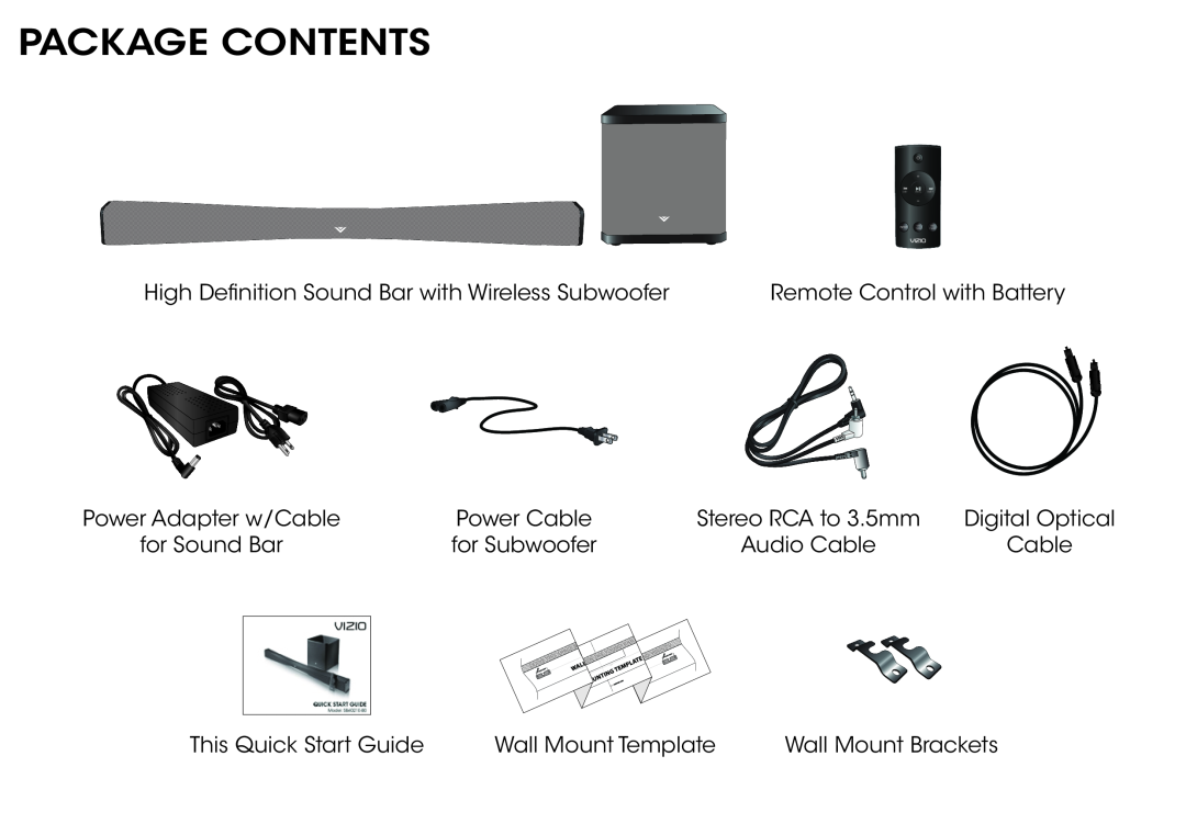 Vizio SB4021EB0 Package Contents, High Definition Sound Bar with Wireless Subwoofer, Remote Control with Battery 