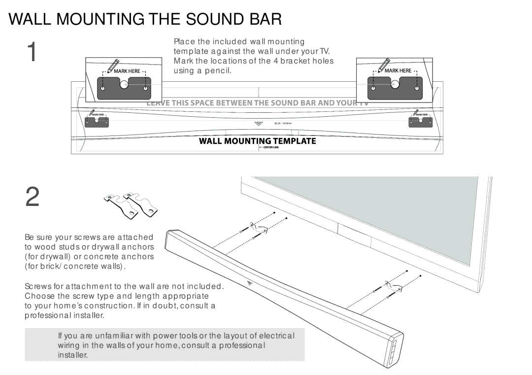 Vizio SB4021EB0 quick start Wall Mounting the Sound BAR 