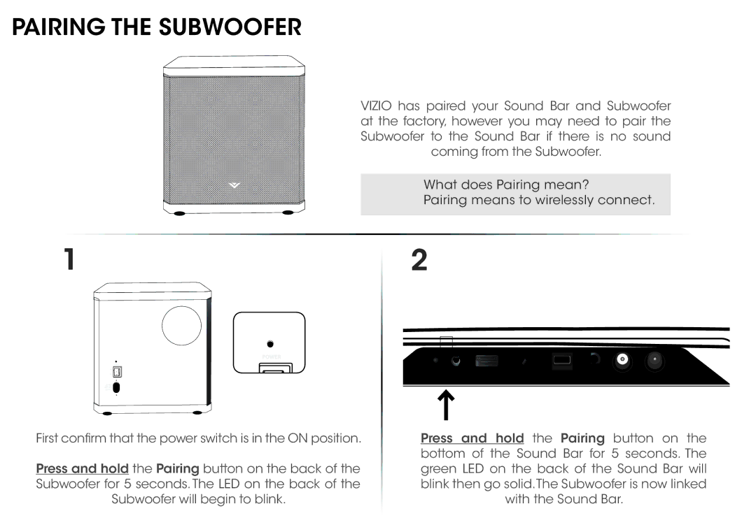 Vizio SB4021EB0 quick start Pairing the Subwoofer 