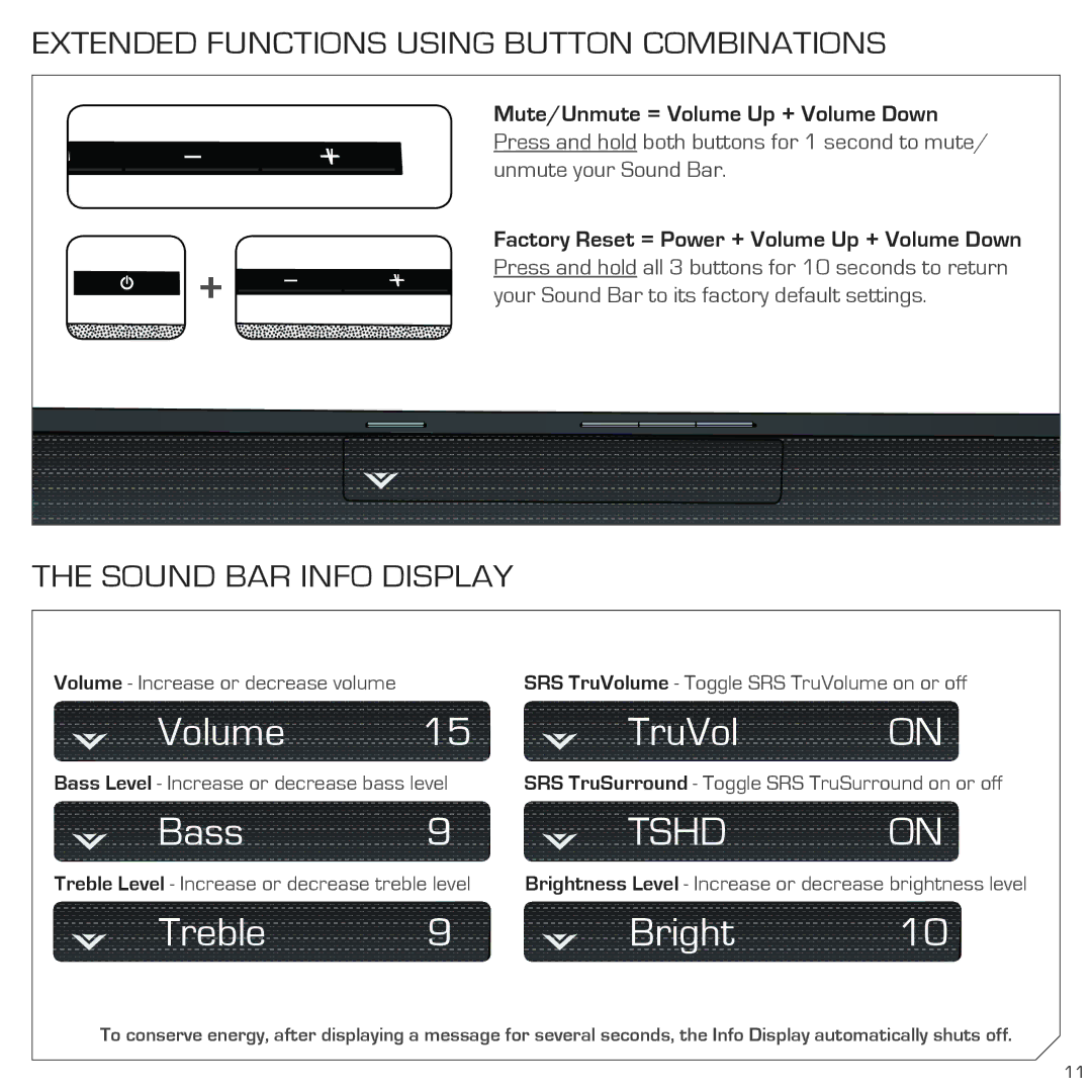 Vizio SB4021MB1 quick start Extended Functions Using Button Combinations, Sound BAR Info Display 