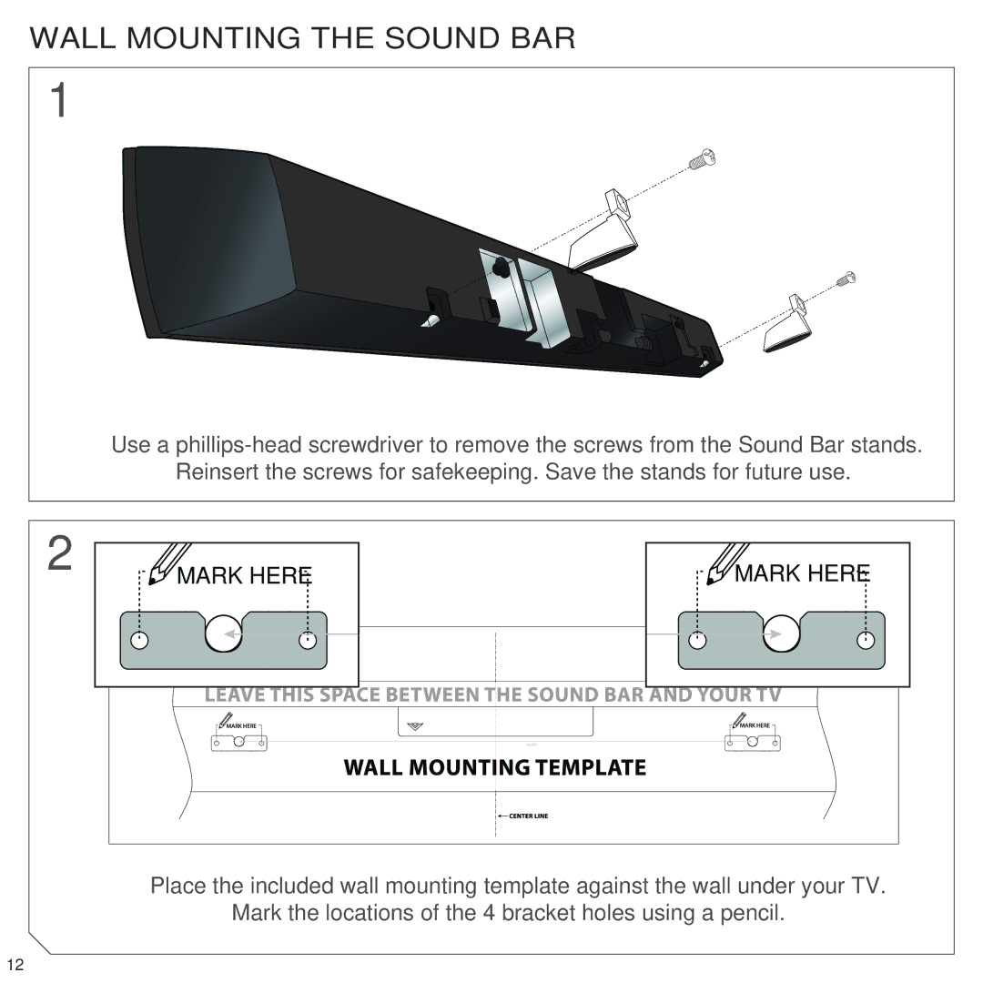 Vizio SB4021MB1 quick start Wall Mounting the Sound BAR, Mark Here 