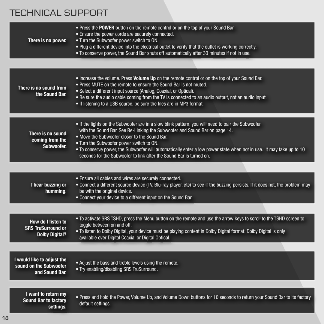 Vizio SB4021MB1 quick start Technical Support, There is no sound coming from the Subwoofer 