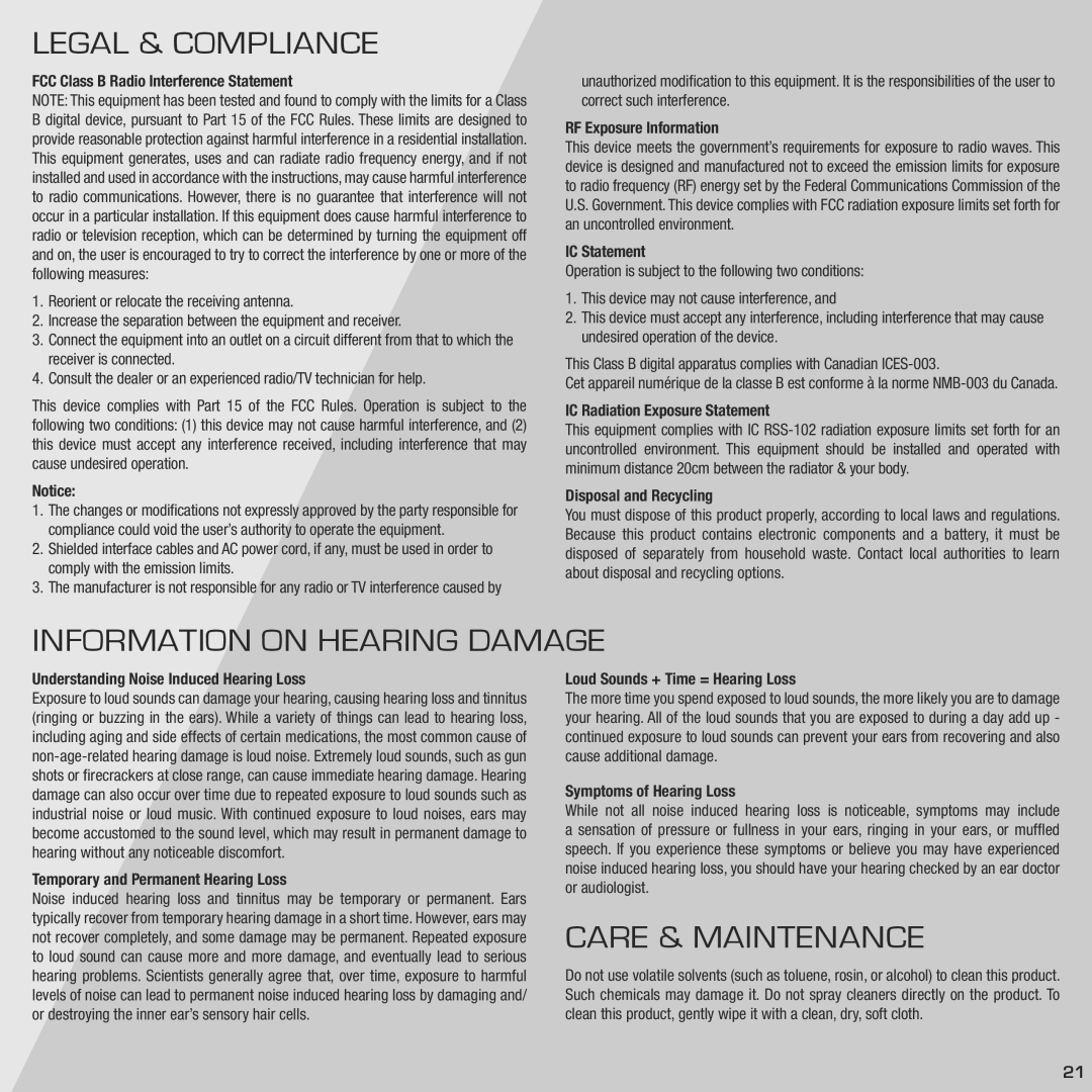 Vizio SB4021MB1 quick start Legal & Compliance, Information on Hearing Damage, Care & Maintenance 