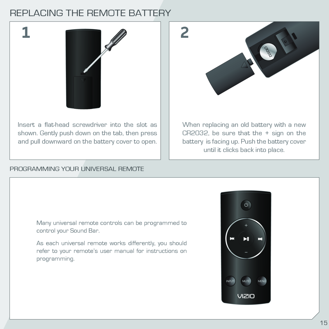 Vizio SB4021MB1 quick start Replacing The Remote Battery, Programming Your Universal Remote 