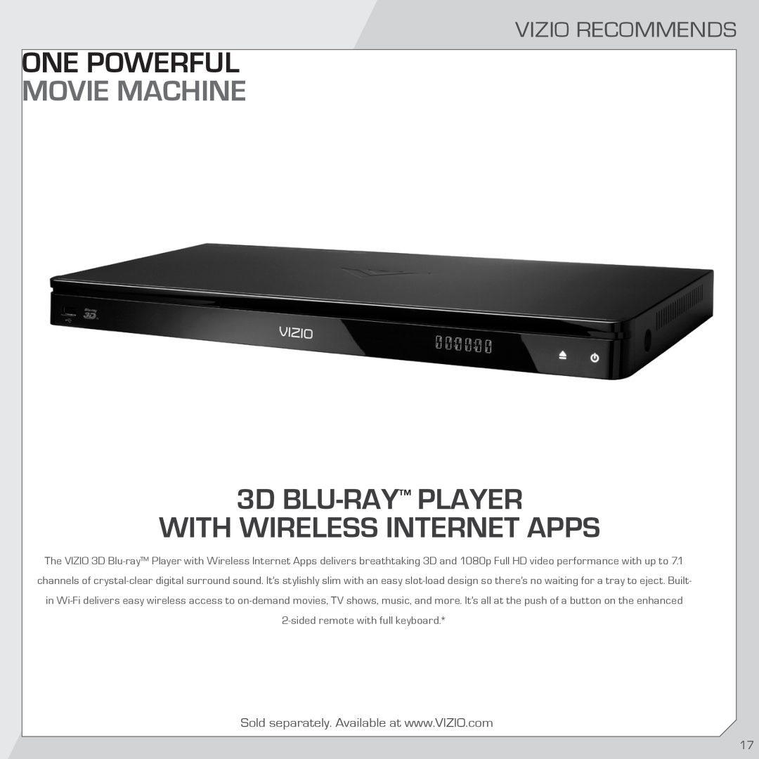 Vizio SB4021MB1 quick start Movie Machine, Vizio Recommends, One Powerful, 3D BLU-RAY PLAYER WITH WIRELESS INTERNET APPS 