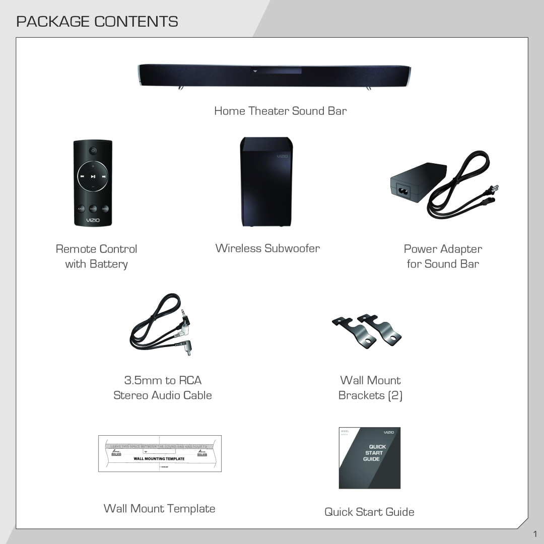 Vizio SB4021MB1 Package Contents, with Battery, 3.5mm to RCA, Wall Mount, Remote Control, Power Adapter, for Sound Bar 