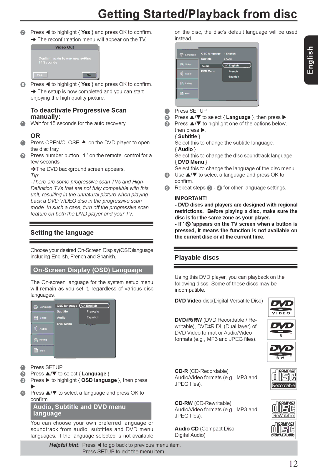 Vizio SD4200KU Getting Started/Playback from disc, On-Screen Display OSD Language, Audio, Subtitle and DVD menu language 