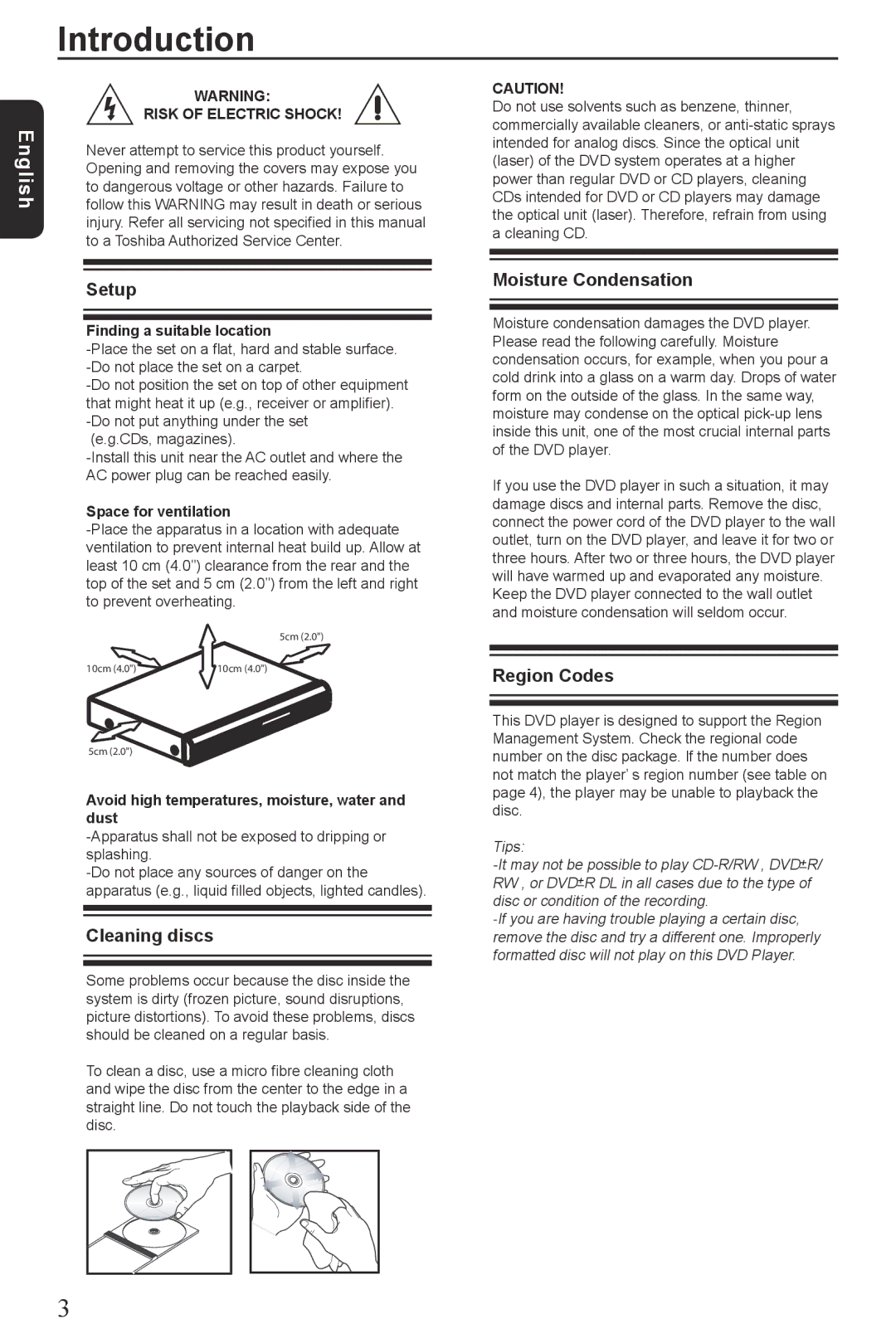 Vizio SD4200KU manual Setup, Cleaning discs, Moisture Condensation, Region Codes 