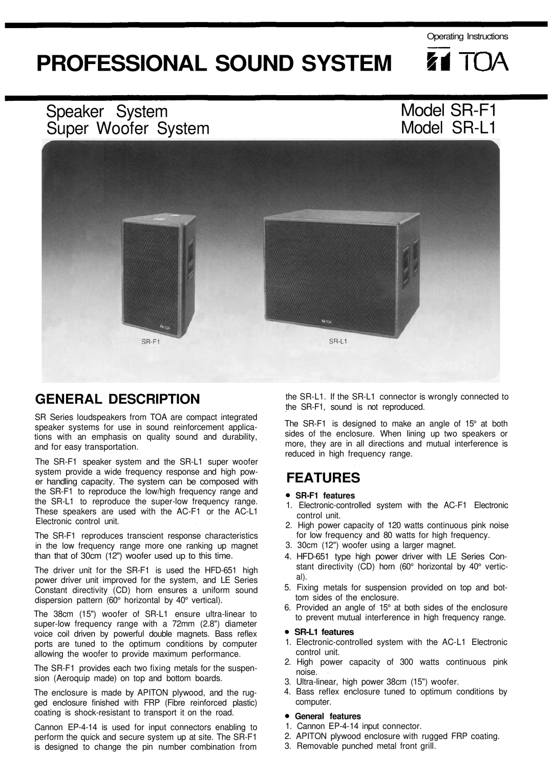 Vizio manual Professional Sound System, Speaker System, Super Woofer System, Model SR-L1, Model SR-F1, Features 