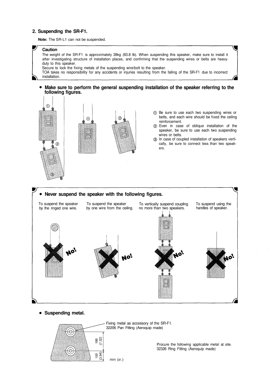 Vizio manual Suspending the SR-F1, Suspending metal 