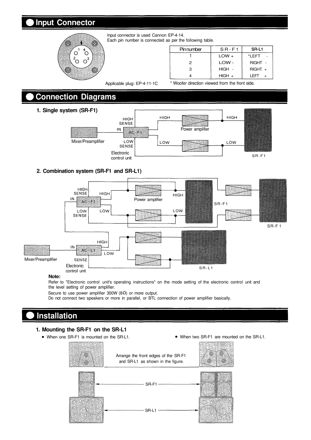 Vizio manual Connection Diagrams, Installation, Single system SR-F1, Combination system SR-F1 and SR-L1 