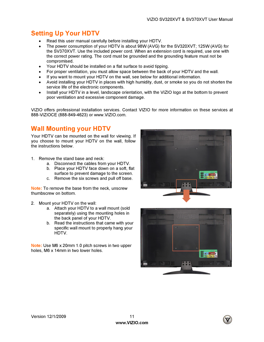 Vizio SV370XVT, SV320XVT user manual Setting Up Your Hdtv, Wall Mounting your Hdtv 