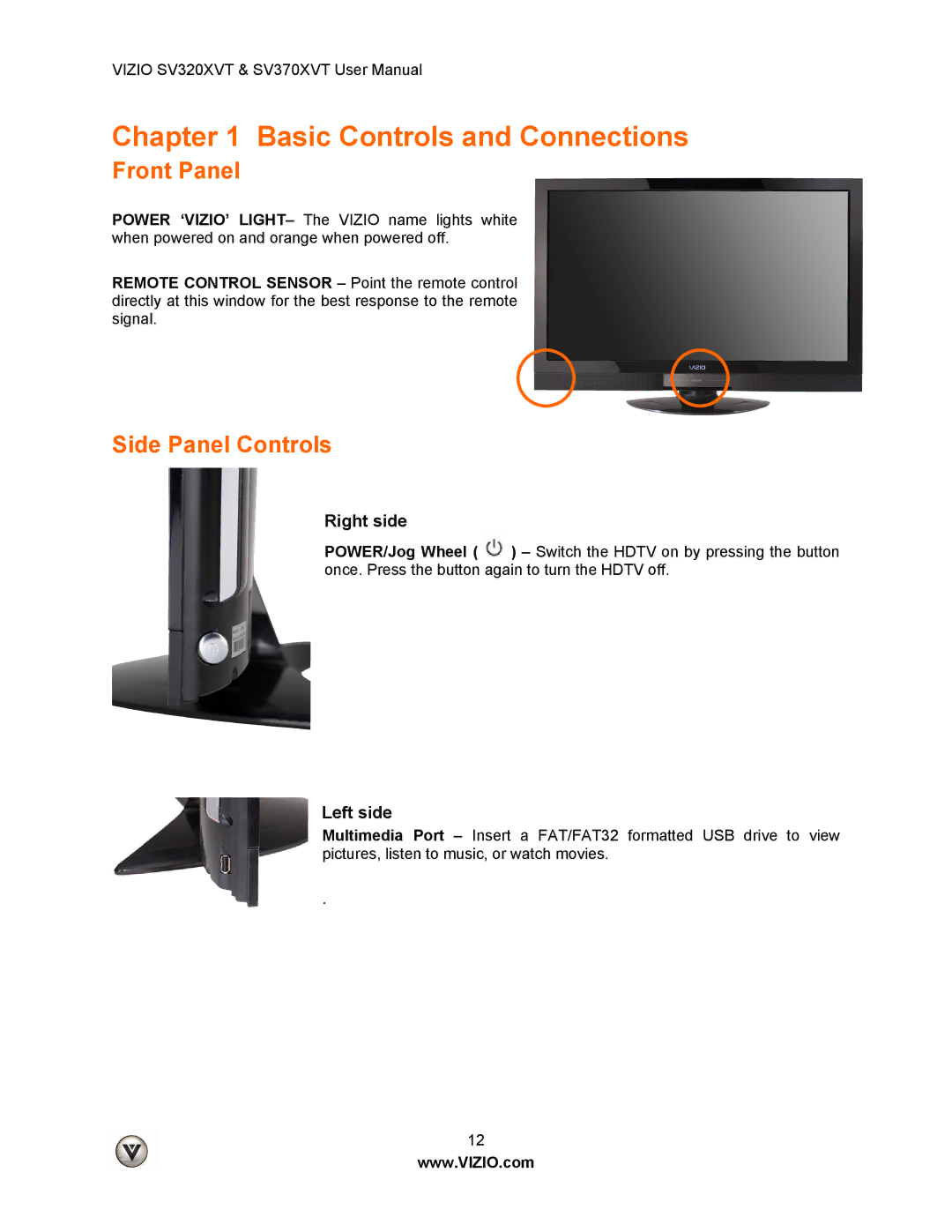 Vizio SV320XVT, SV370XVT user manual Basic Controls and Connections, Front Panel, Side Panel Controls, Right side, Left side 