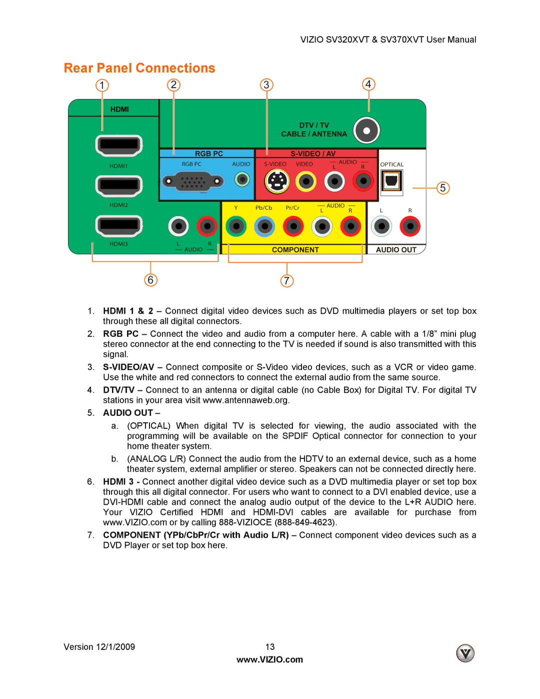 Vizio SV370XVT, SV320XVT user manual Rear Panel Connections, Audio OUT 