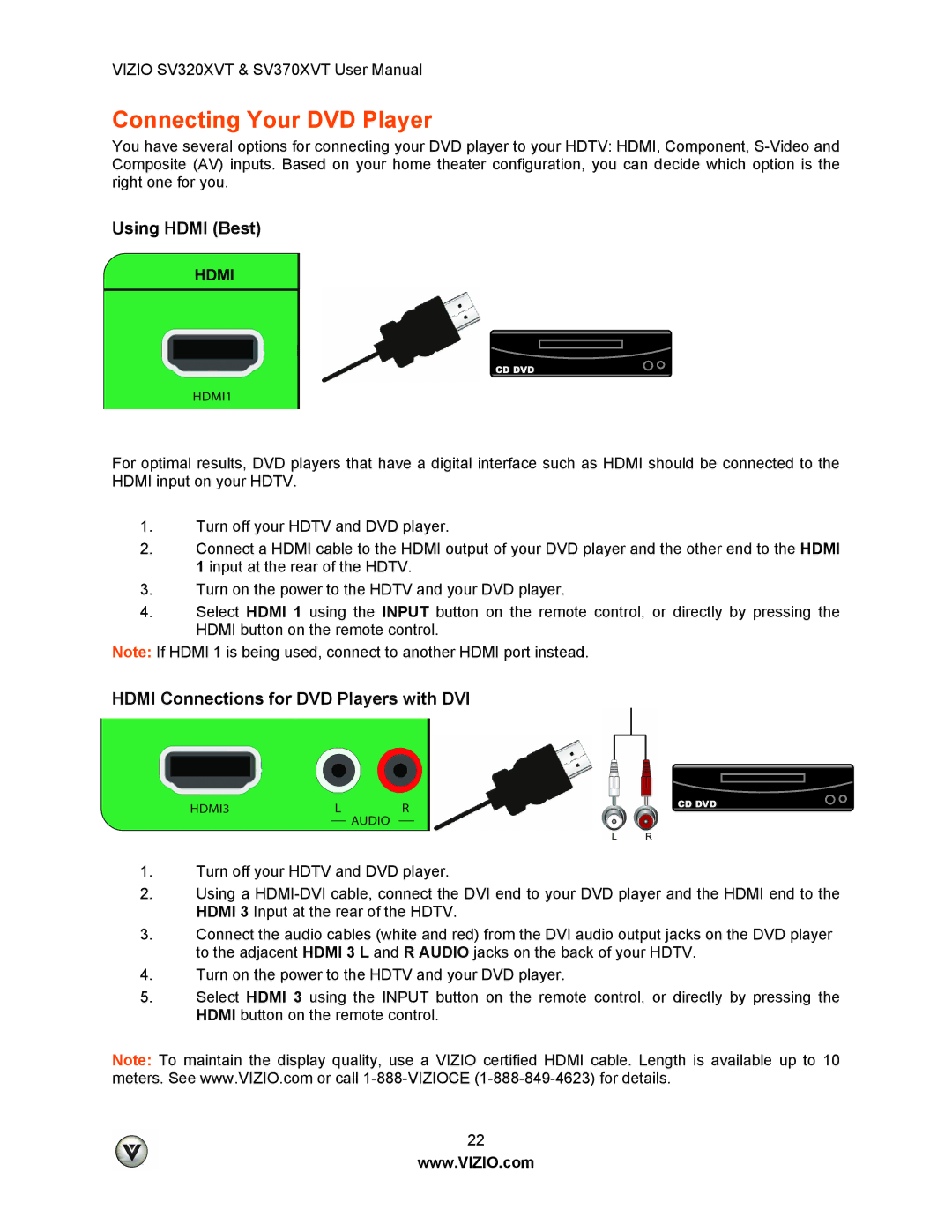 Vizio SV320XVT, SV370XVT user manual Connecting Your DVD Player, Hdmi Connections for DVD Players with DVI 