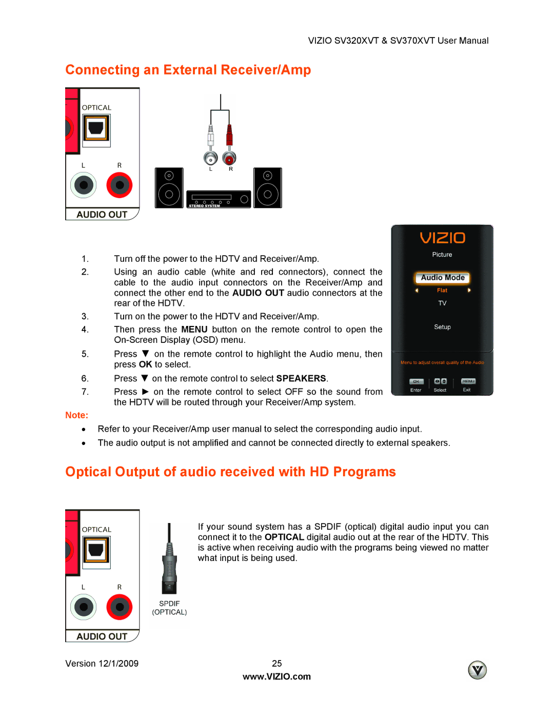 Vizio SV370XVT, SV320XVT user manual Connecting an External Receiver/Amp, Optical Output of audio received with HD Programs 