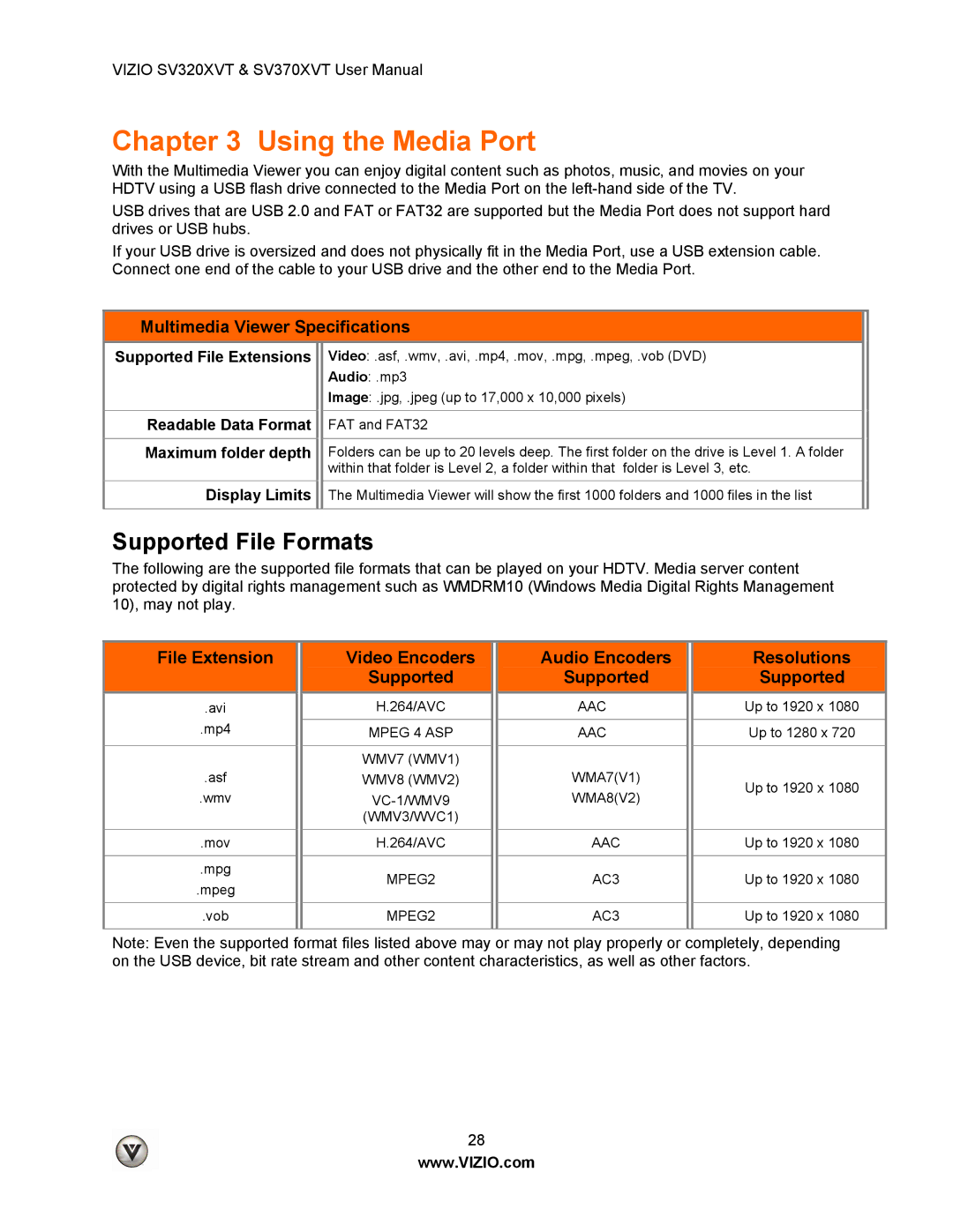 Vizio SV320XVT, SV370XVT user manual Using the Media Port 