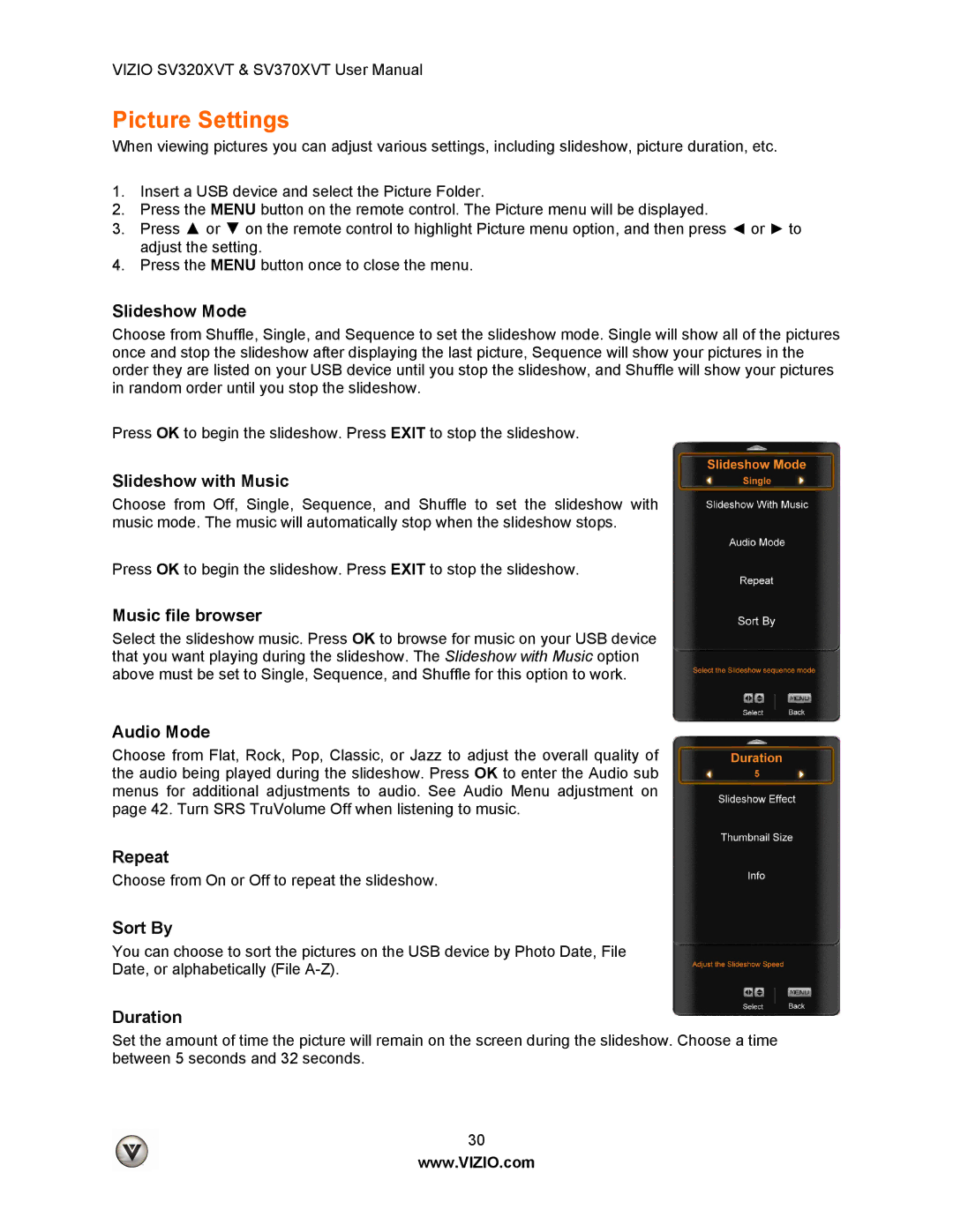 Vizio SV320XVT, SV370XVT user manual Picture Settings 