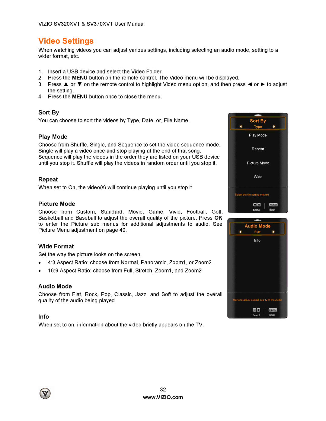 Vizio SV320XVT, SV370XVT user manual Video Settings, Picture Mode, Wide Format 