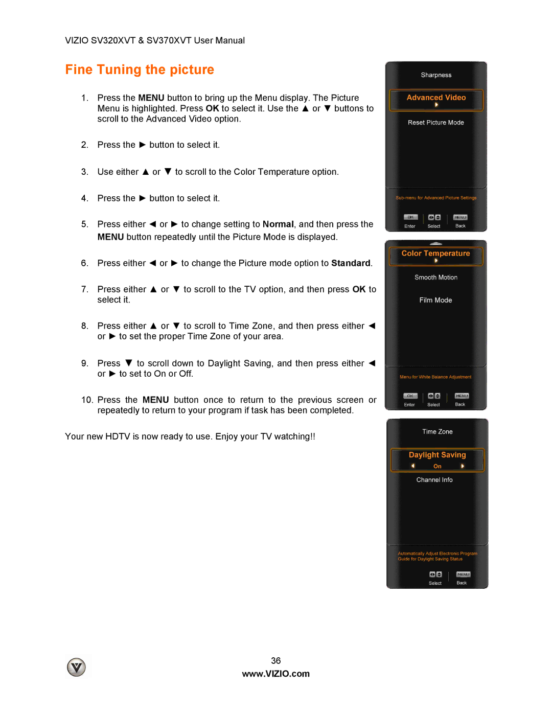 Vizio SV320XVT, SV370XVT user manual Fine Tuning the picture 