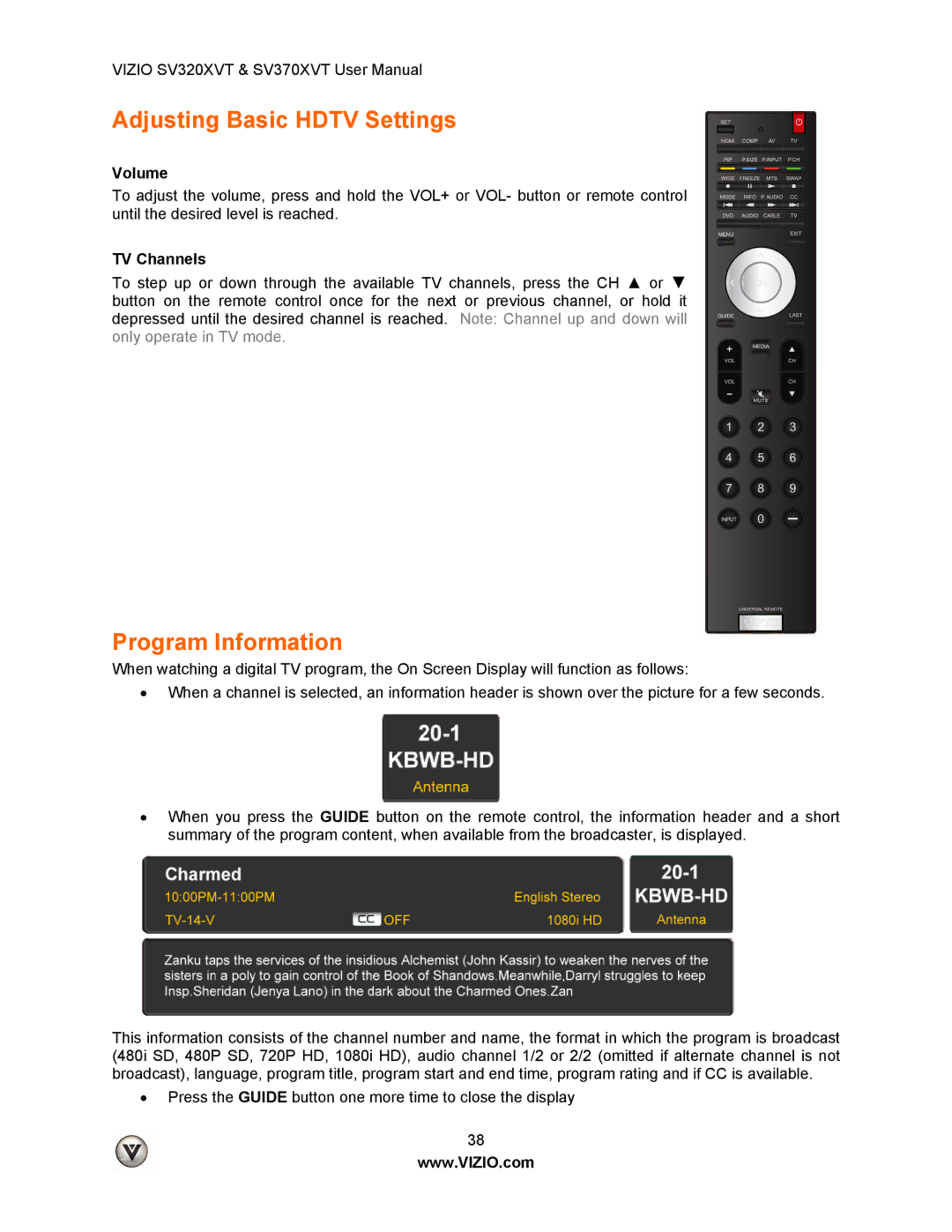 Vizio SV320XVT, SV370XVT user manual Adjusting Basic Hdtv Settings, Program Information 