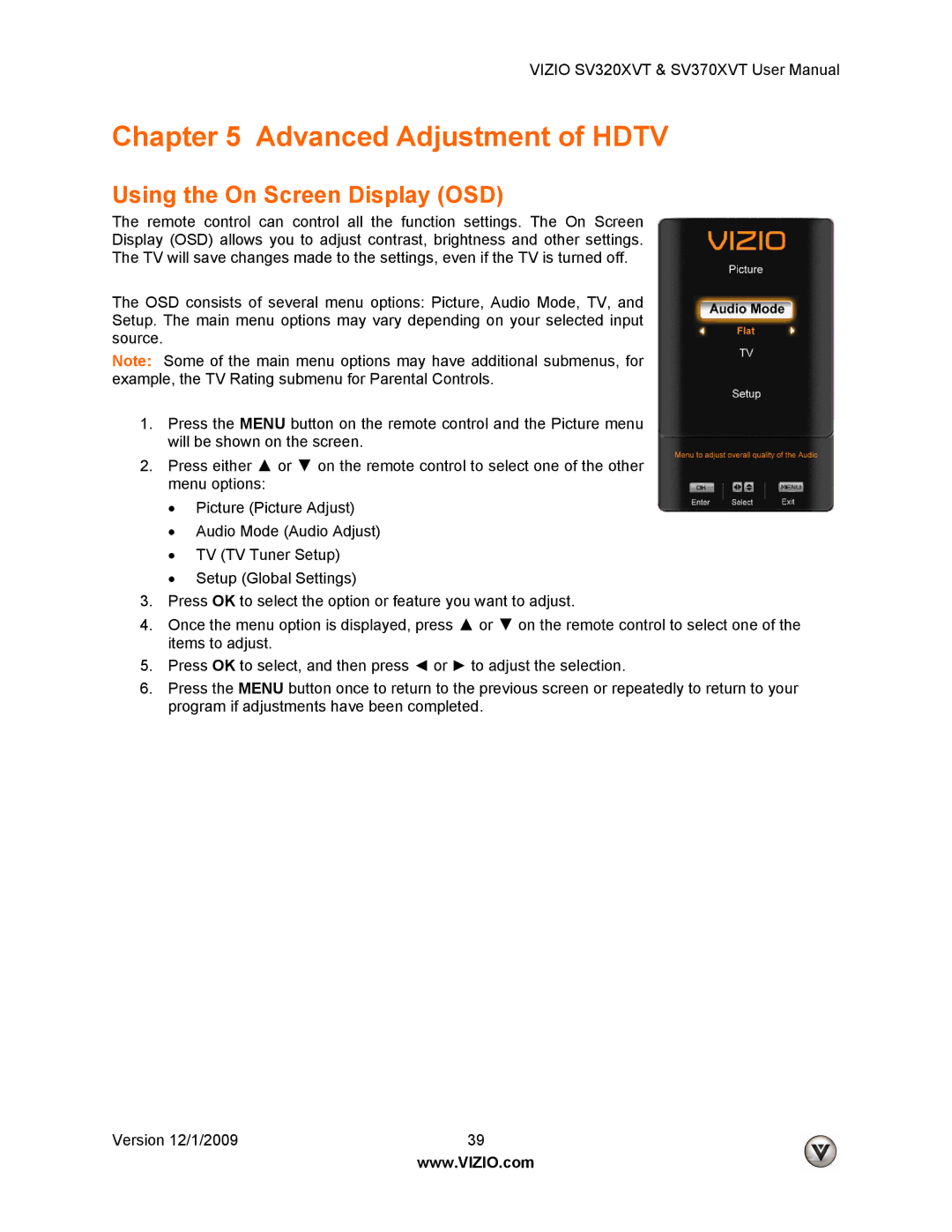 Vizio SV370XVT, SV320XVT user manual Advanced Adjustment of Hdtv, Using the On Screen Display OSD 