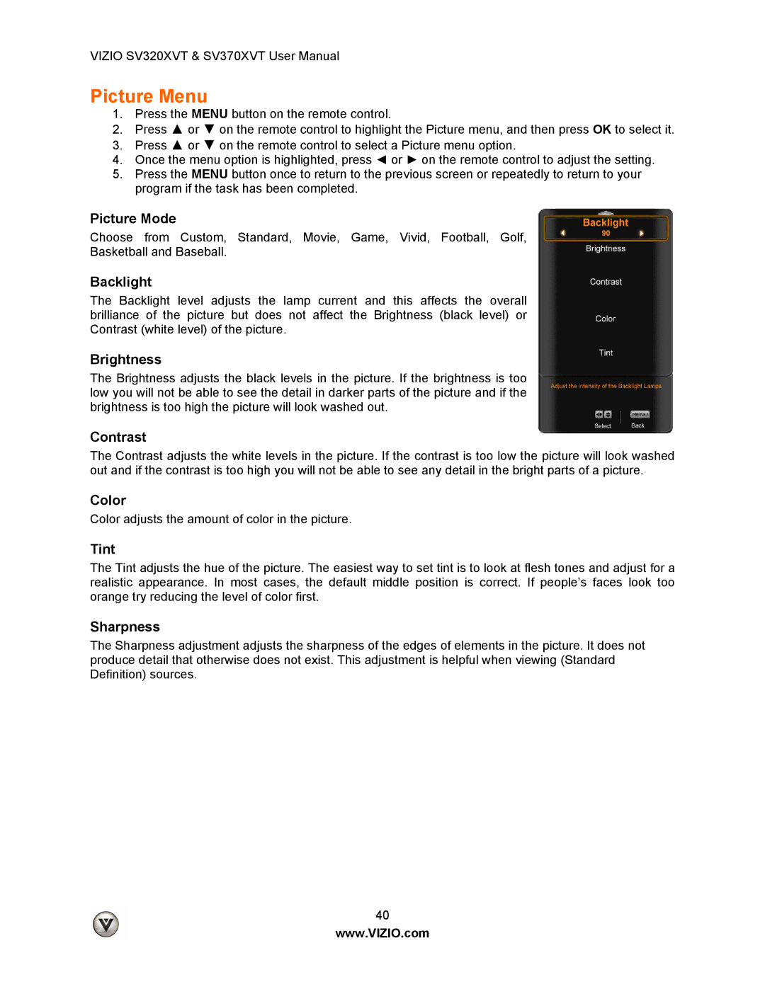 Vizio SV320XVT, SV370XVT user manual Picture Menu 