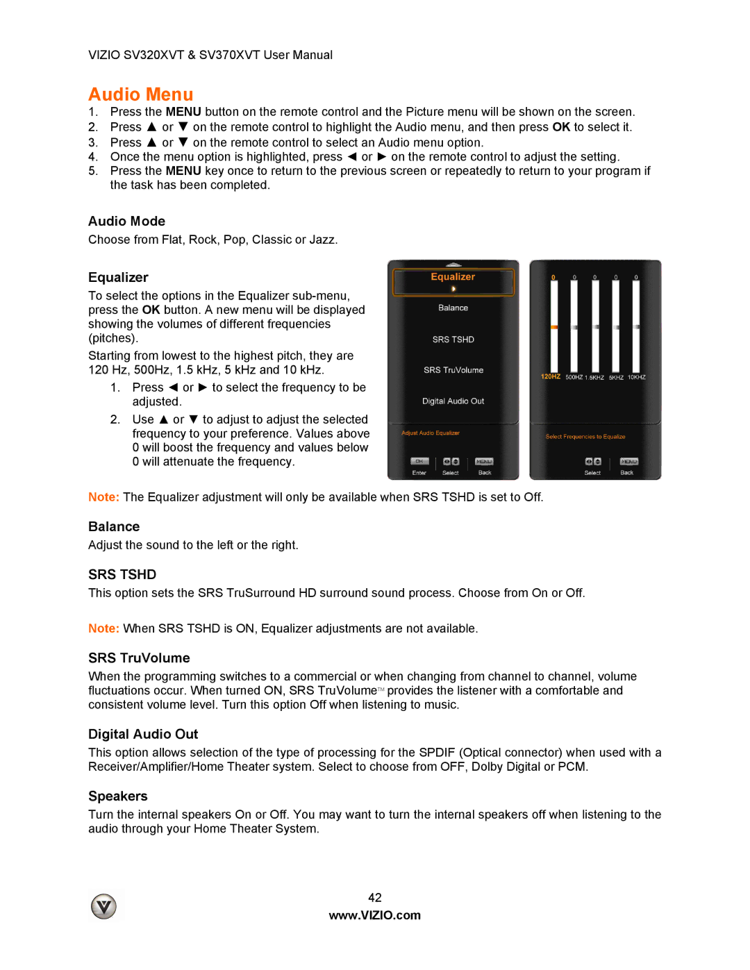 Vizio SV320XVT, SV370XVT user manual Audio Menu 