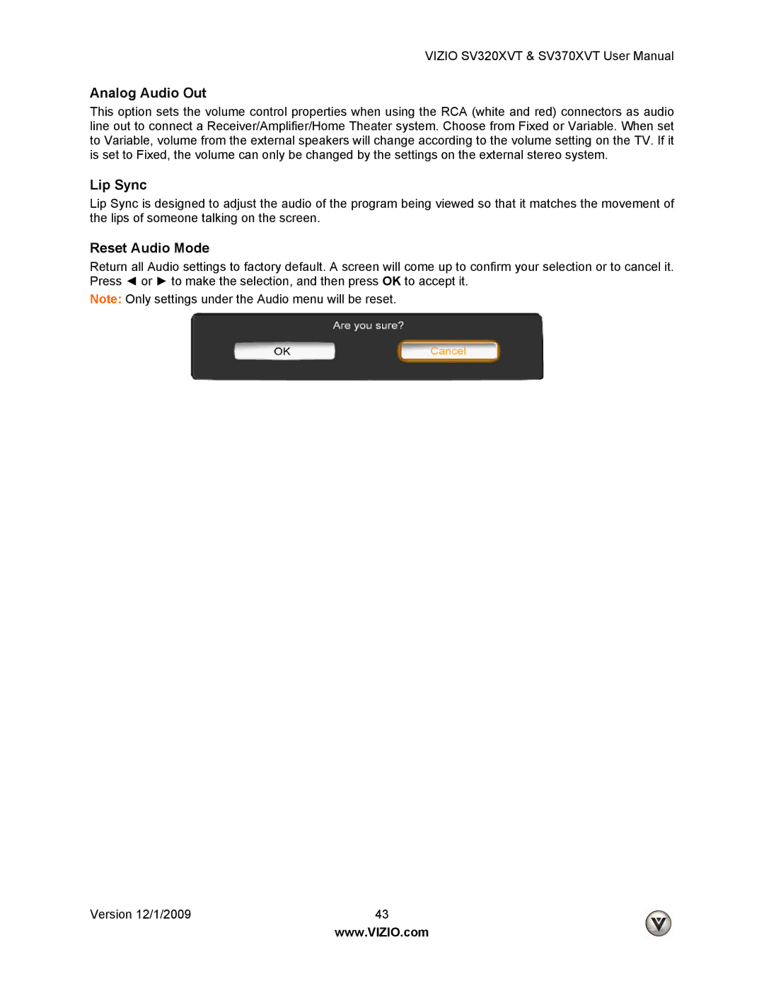 Vizio SV370XVT, SV320XVT user manual Analog Audio Out, Lip Sync, Reset Audio Mode 
