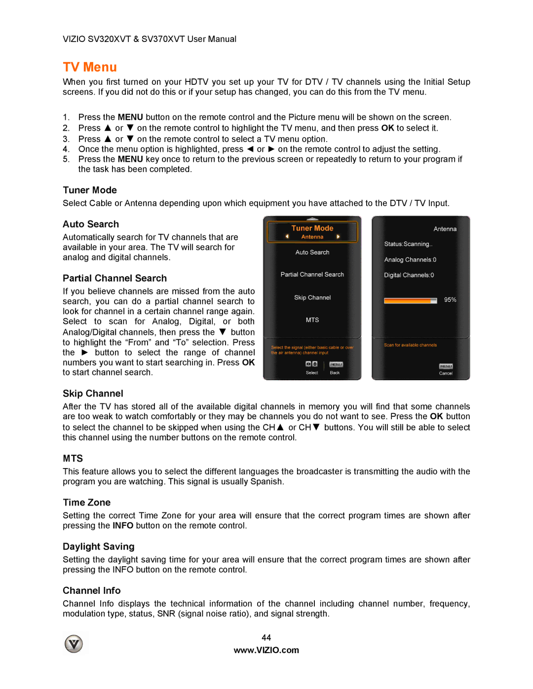 Vizio SV320XVT, SV370XVT user manual TV Menu 