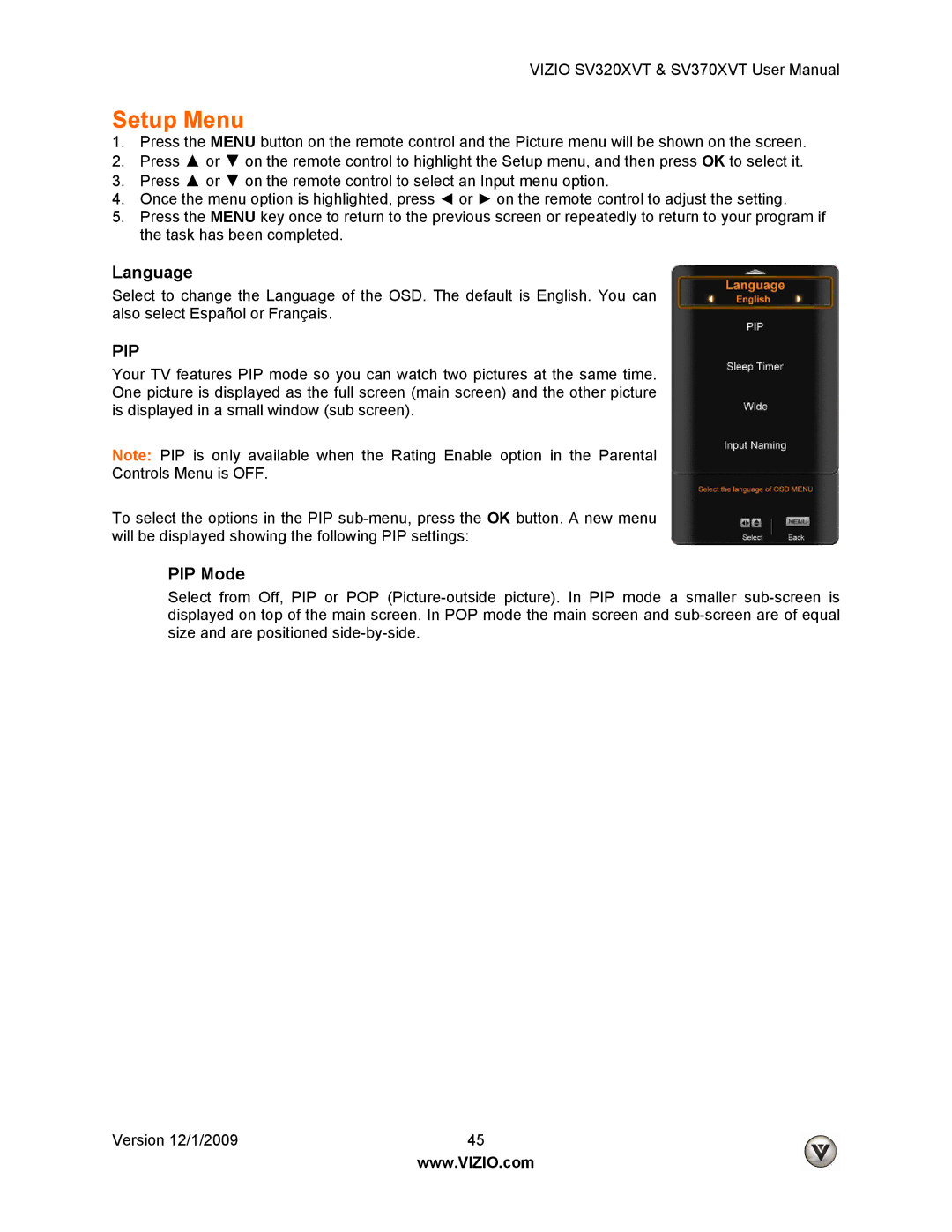 Vizio SV370XVT, SV320XVT user manual Setup Menu, Language, PIP Mode 