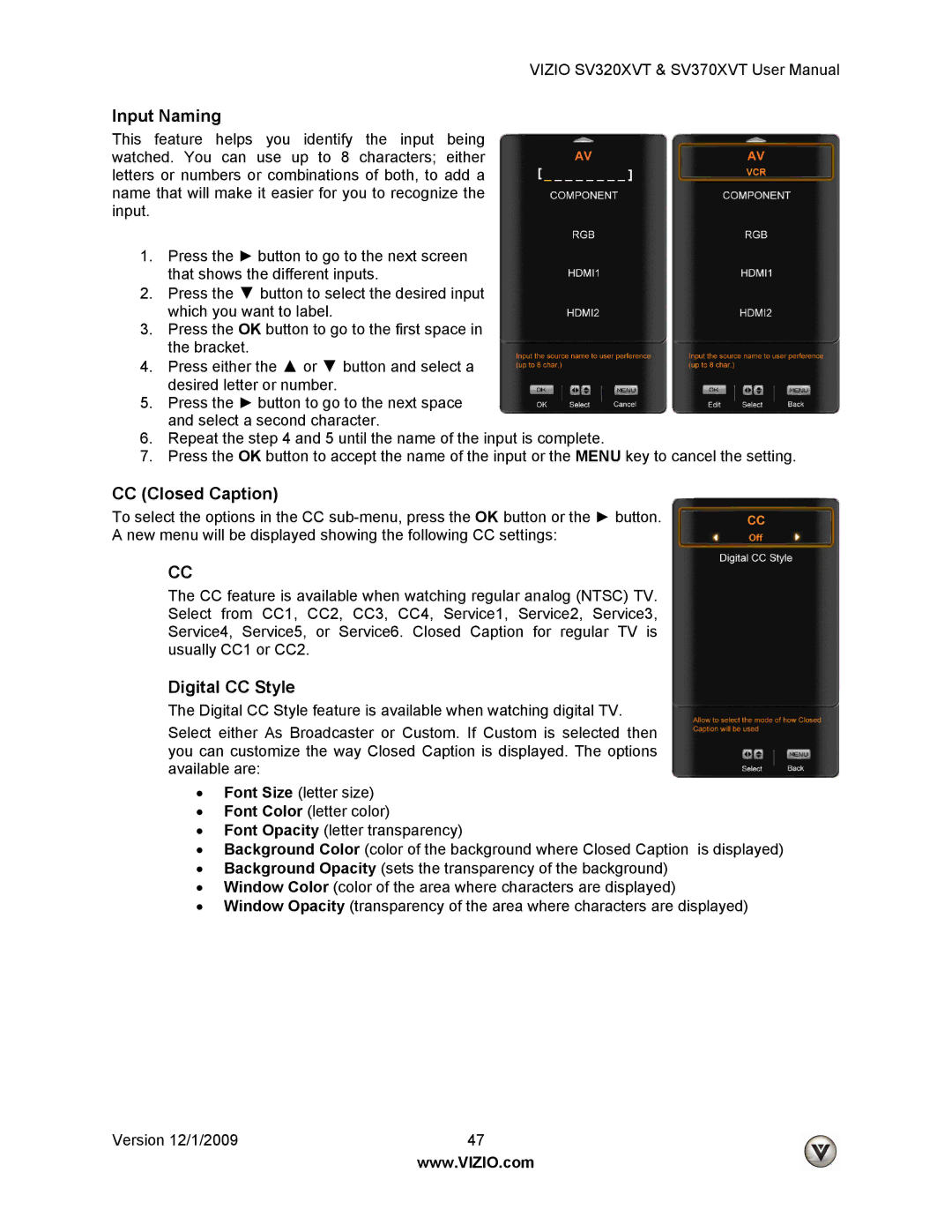 Vizio SV370XVT, SV320XVT user manual Input Naming, CC Closed Caption, Digital CC Style 