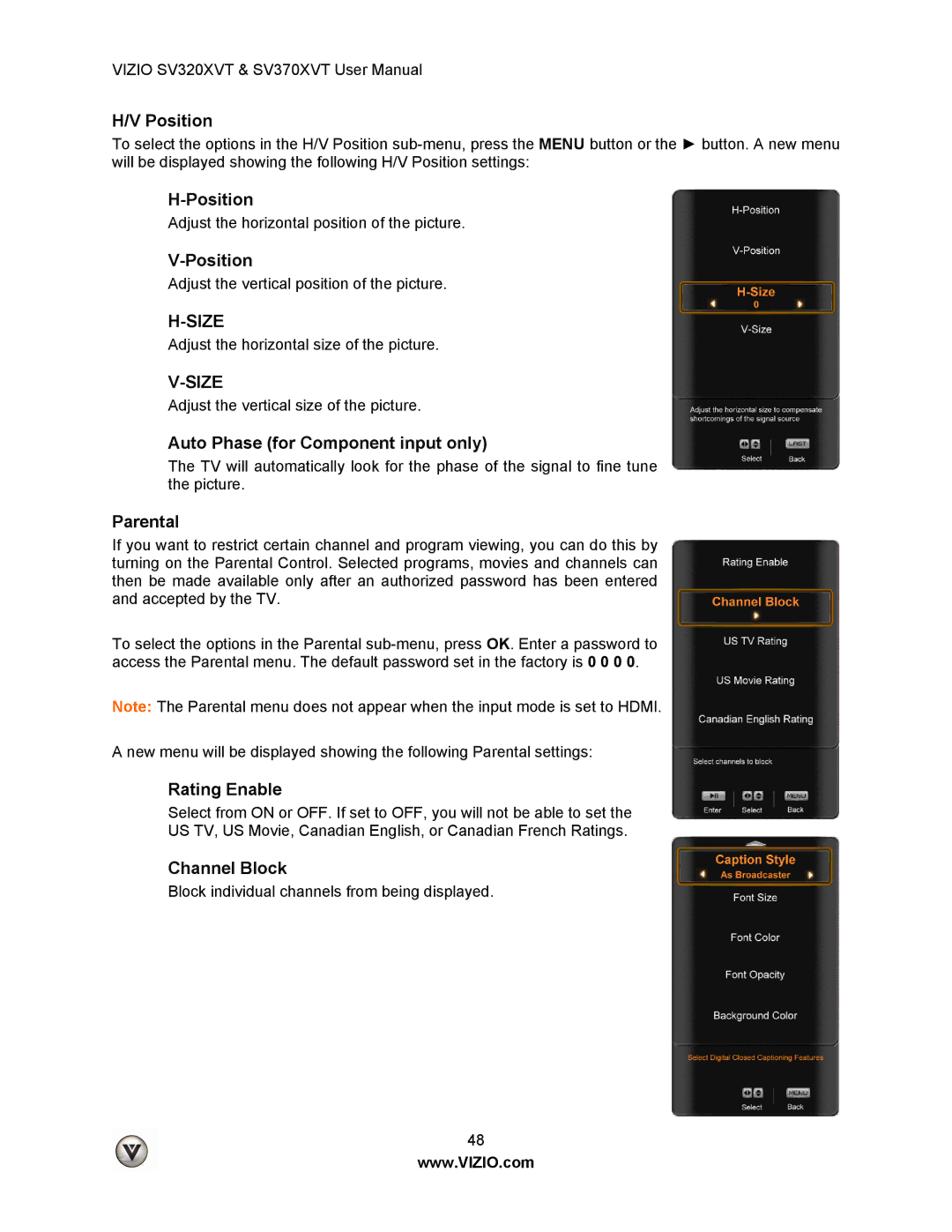 Vizio SV320XVT, SV370XVT user manual Position, Auto Phase for Component input only, Parental, Rating Enable, Channel Block 