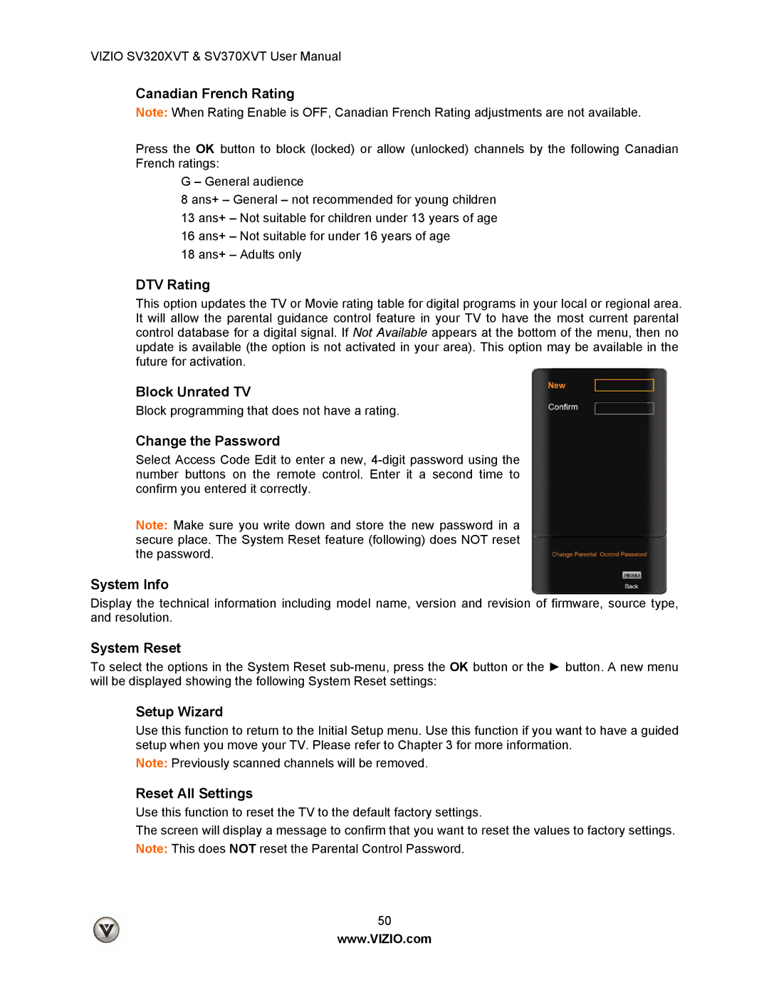 Vizio SV320XVT Canadian French Rating, DTV Rating, Block Unrated TV, Change the Password, System Info, System Reset 