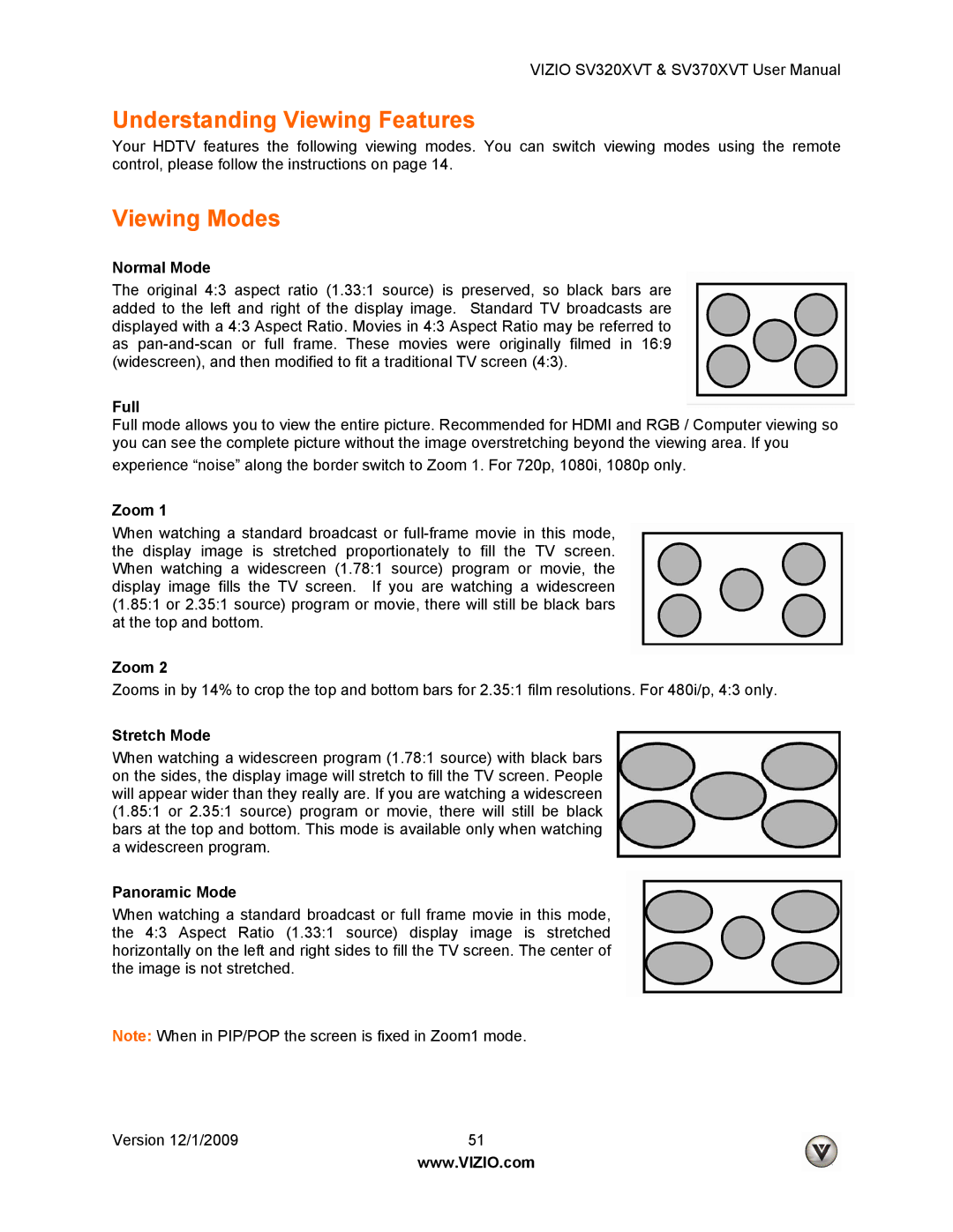 Vizio SV370XVT, SV320XVT user manual Understanding Viewing Features, Viewing Modes 