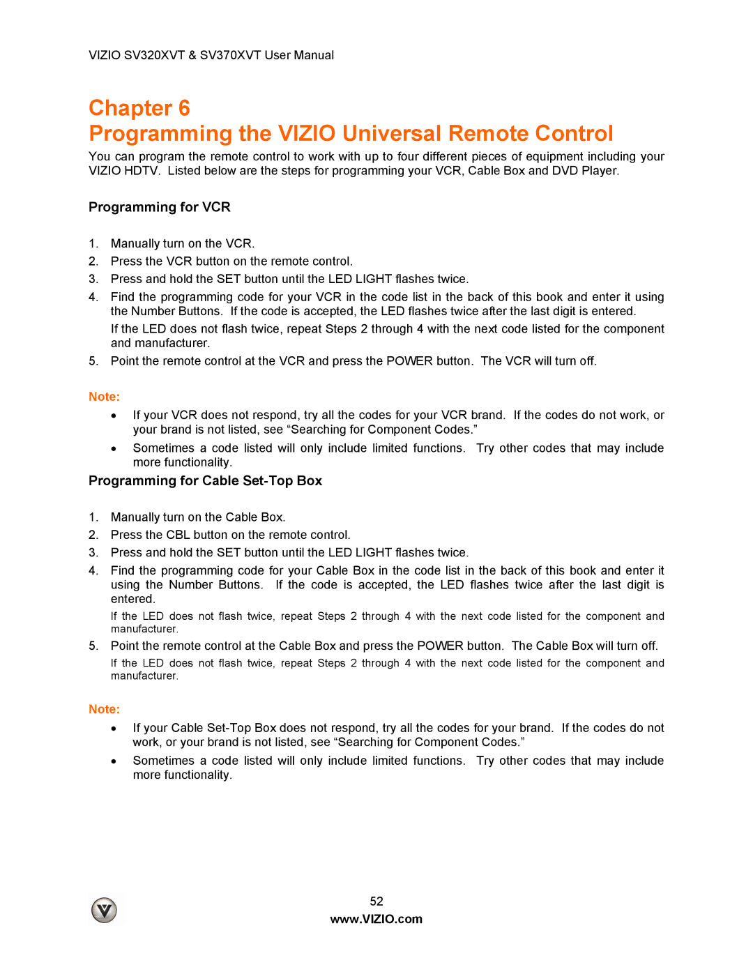 Vizio SV320XVT, SV370XVT user manual Chapter Programming the Vizio Universal Remote Control, Programming for VCR 