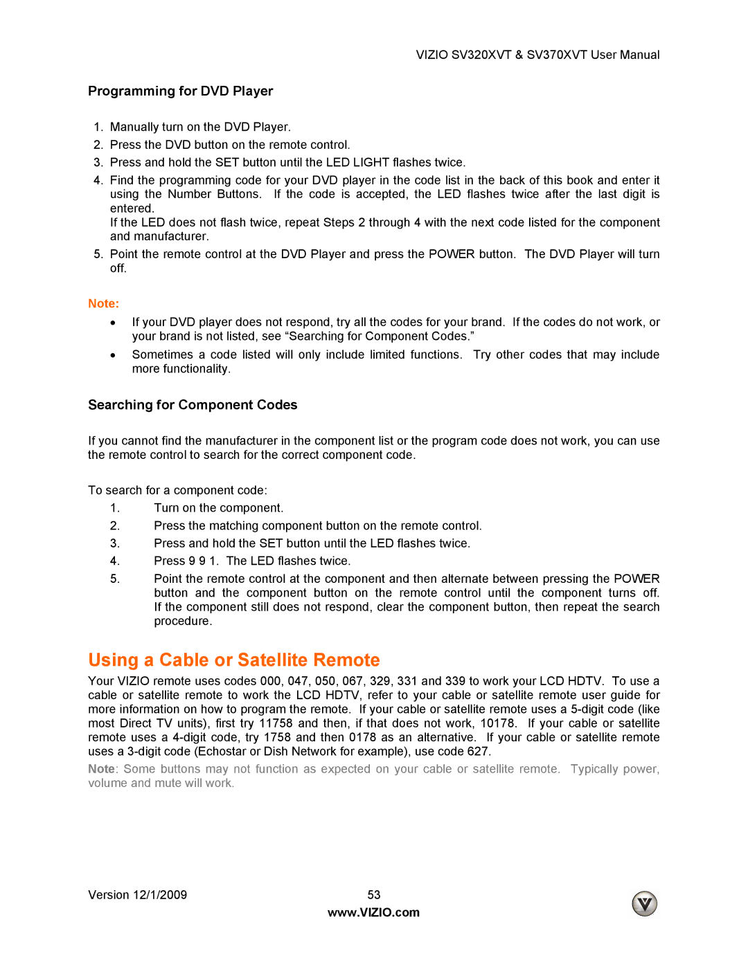 Vizio SV370XVT, SV320XVT Using a Cable or Satellite Remote, Programming for DVD Player, Searching for Component Codes 