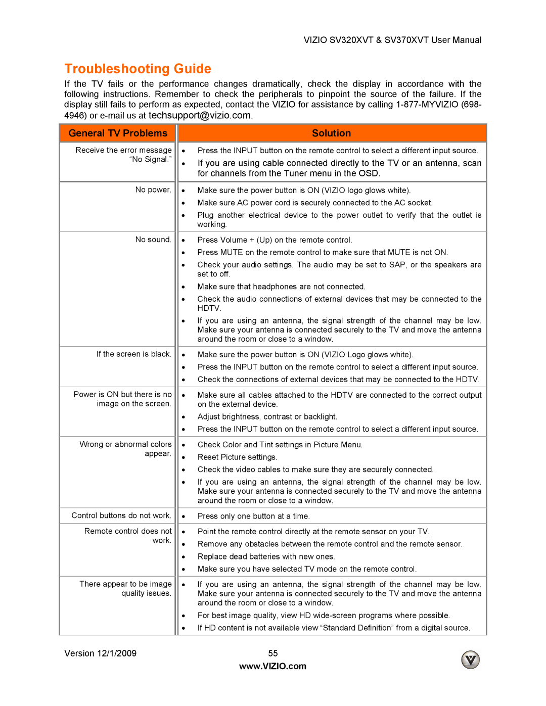 Vizio SV370XVT, SV320XVT user manual Troubleshooting Guide, General TV Problems, Solution 