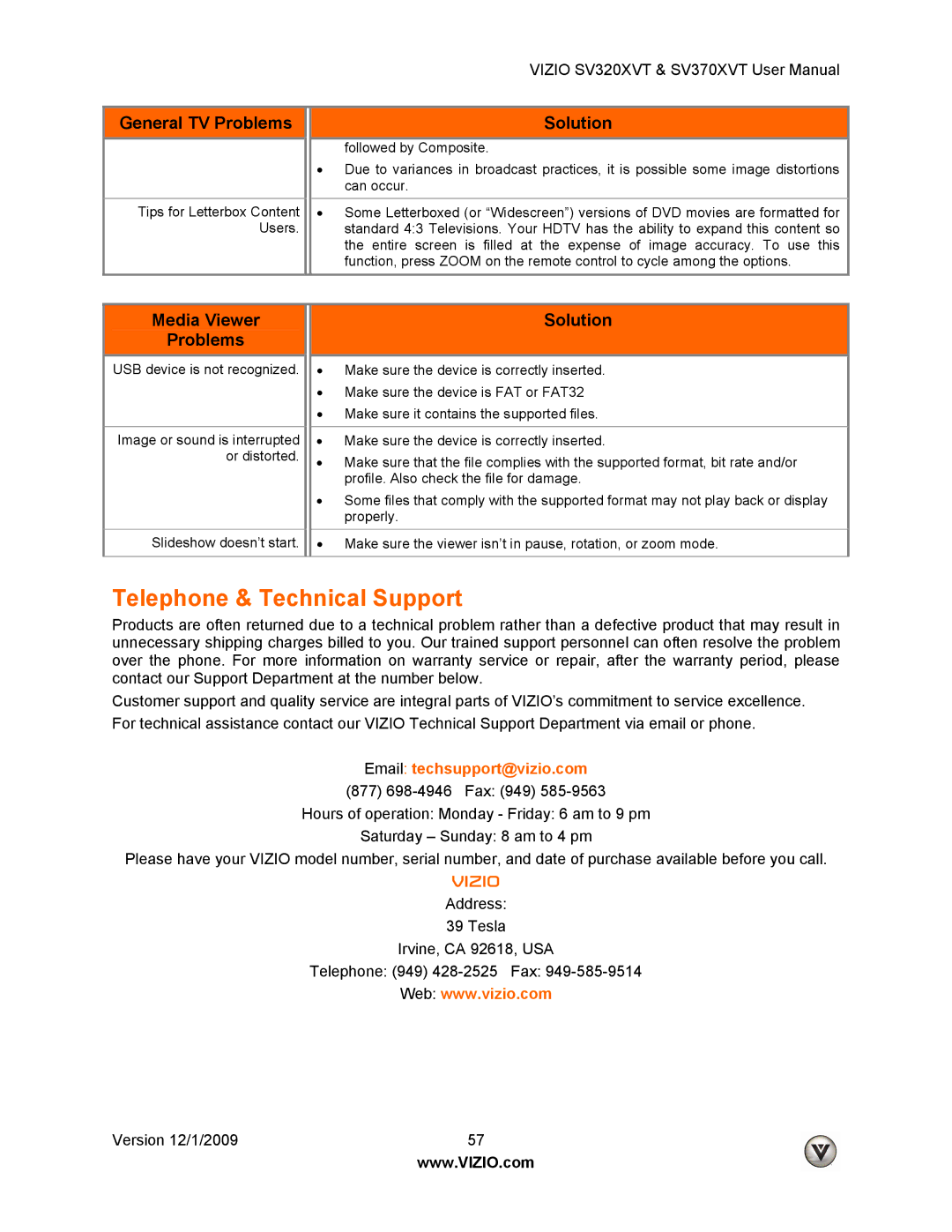 Vizio SV370XVT, SV320XVT user manual Telephone & Technical Support, Problems 