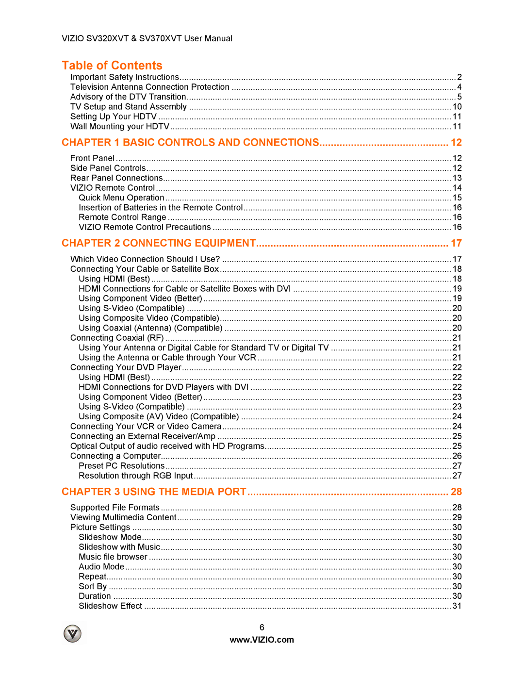 Vizio SV320XVT, SV370XVT user manual Table of Contents 