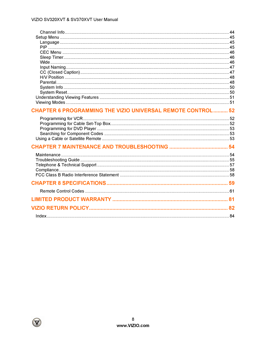 Vizio SV320XVT, SV370XVT user manual Specifications 