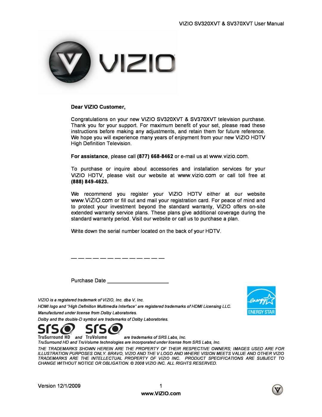 Vizio SV370XVT, SV320XVT user manual Dear VIZIO Customer 